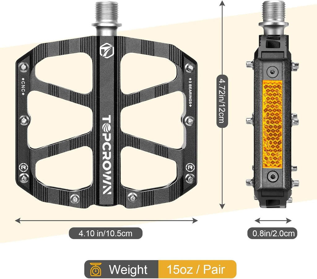 Topcrown Mountain Bike Pedals with Reflectors, Aluminum Metal Bicycle Flat Pedals 9/16" - 3 Sealed Bearings, Non-Slip Wide Platform with Removable Pins for MTB, Road Bike, BMX, Ebike