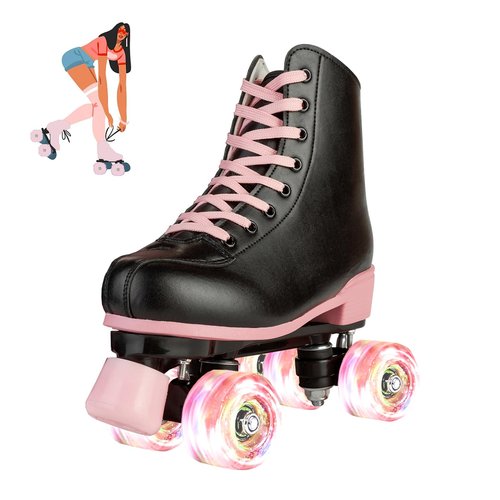 jessie Roller Skates for Girl and Women, PU Leather Flash Kids Roller Skates, Classic Adjustable Four-Wheel Beginner Girl Skates Roller Skates Girls Ages 8-12 for Indoor Outdoor (Flash Wheel 37)