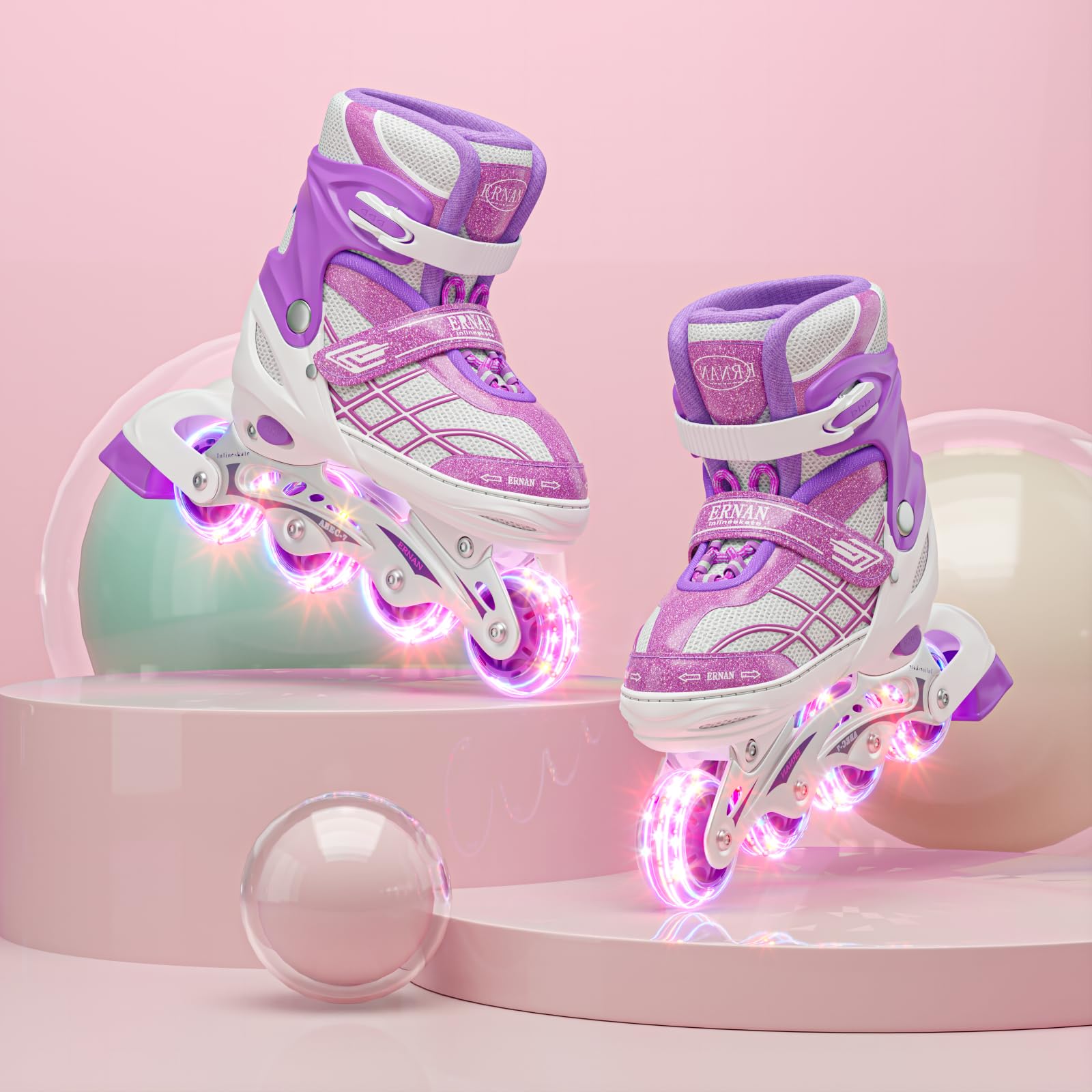 Uleetot Inline Skates for Boys, Girls,.Adjustable Light up Roller Skates Purple Holographic High Top Faux Leather Rollerskates for Beginner Indoor Outdoor (Medium-Big Kids(2-5 US))