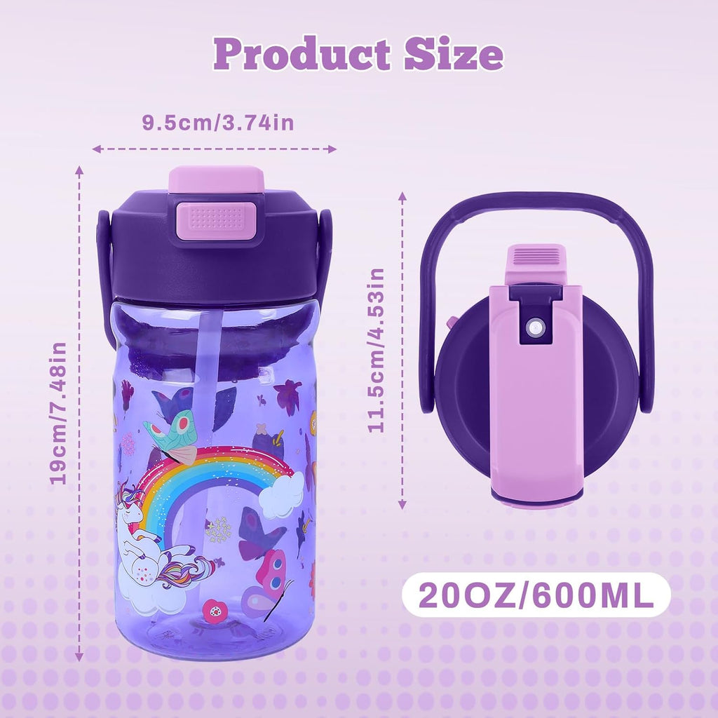 Skiennix 20oz Kids Water Bottle - Leak-Proof Design with Straw, Pop-Up Spout & Detachable Strap - Unicorn