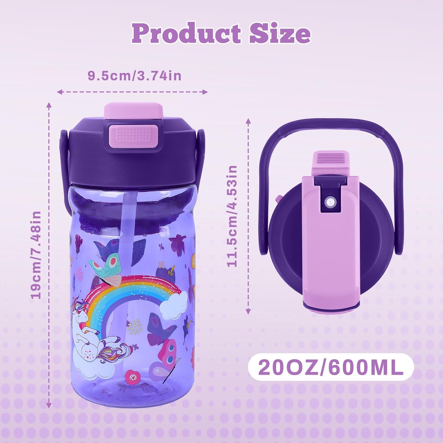 Skiennix 20oz Kids Water Bottle - Leak-Proof Design with Straw, Pop-Up Spout & Detachable Strap - Unicorn