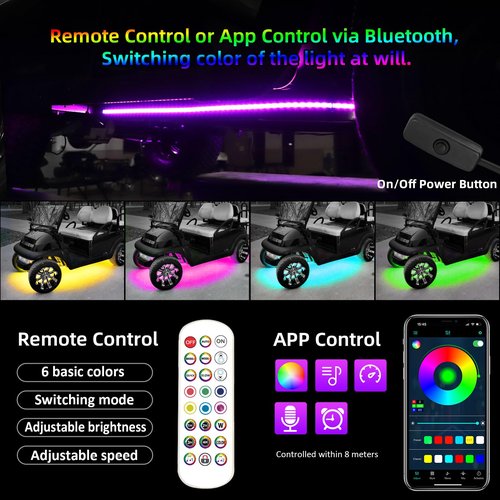 Roykaw Golf Cart LED Strip Lights, Underbody Neon Lighting Kit, Waterproof Led Light Strips Compatible with EZGO Club Car Yamaha, 12V - 80V Input, Million Colors, Music Sync, 4 PCS