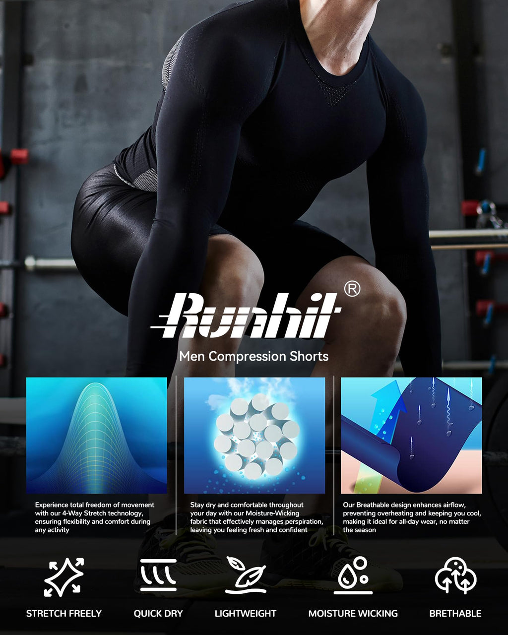 Runhit Compression Shorts Men Spandex Performance Athletic Shorts Workouts Sports Running Underwear with Pocket Black