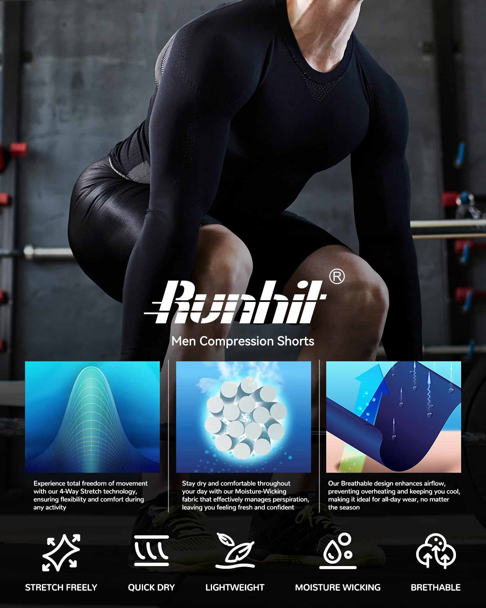 Runhit Compression Shorts Men Spandex Performance Athletic Shorts Workouts Sports Running Underwear with Pocket Black