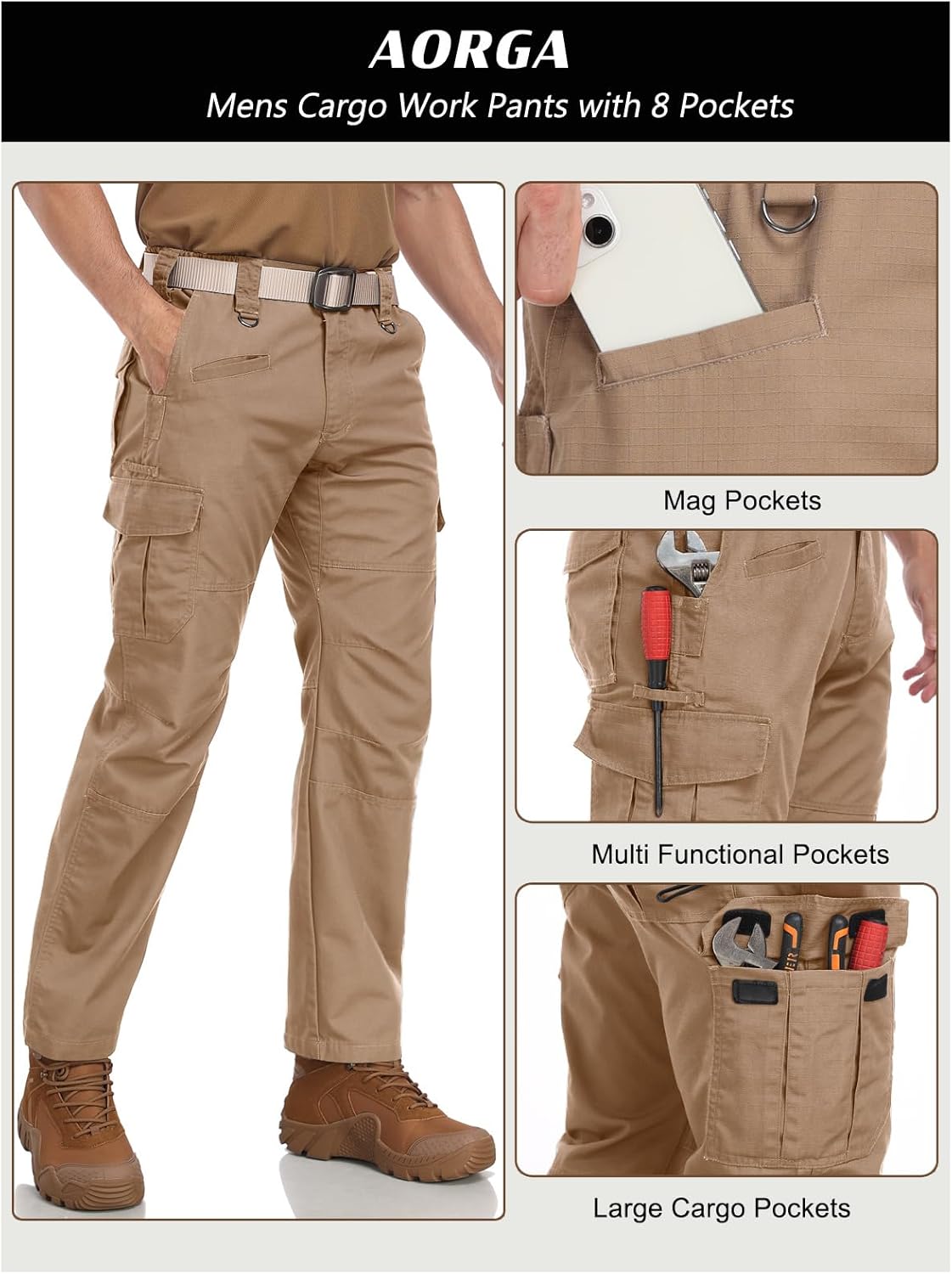 Skiennix Men's Tactical Cargo Pants - Water Resistant, Breathable, 8 Pockets, Elastic Waist