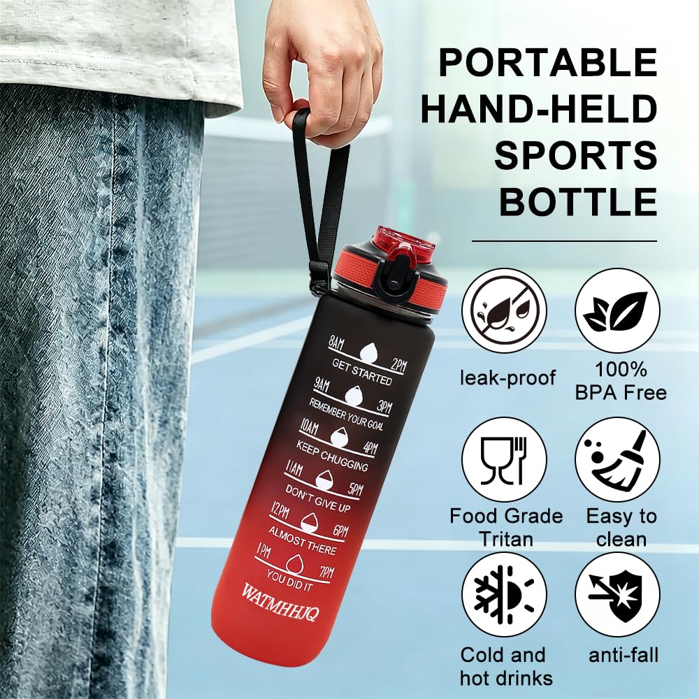 WATMHHJQ 32oz Sports Water Bottle Outdoor, with Drinking Time and Capacity Labels, Sport Water Cups with Straw,BPA Free Leak Proof,for Fitness Gym Running Climbing (Black red)