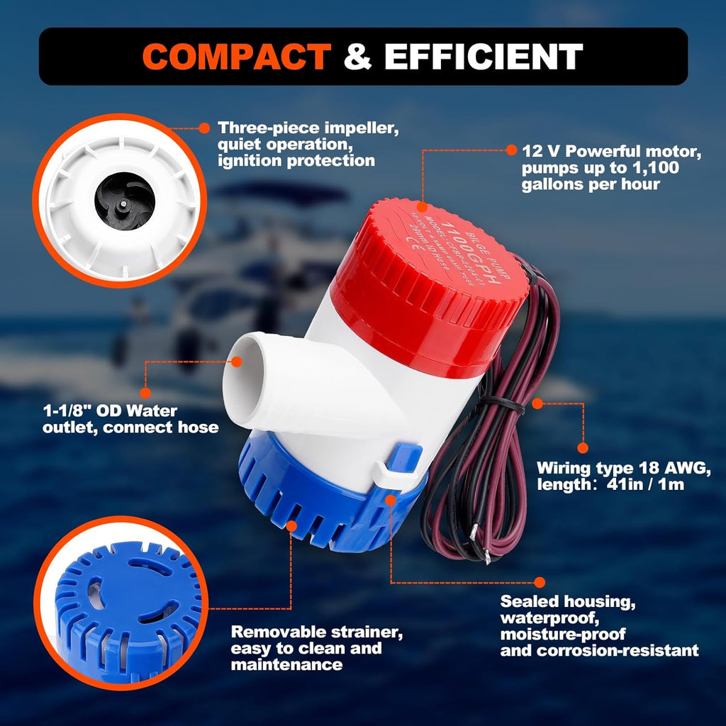 1100 GPH Boat Bilge Pump by [Brand Name] - 12V Plumbing Kit with 6FT Hose & Thru-Hull Fitting for Fishing Yachts