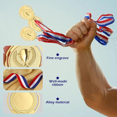 Gold Medal | 12-Piece Kids Reward Medals with Neck Ribbons - Olympic Style, 2-Inch Prizes for Sports & Competitions