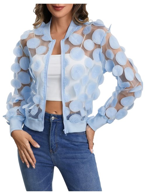 Floerns Women's Sheer Mesh Zip Up Bomber Jacket Long Sleeve Baseball Collar Outwear Tops Yellow Large