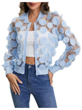 Floerns Women's Sheer Mesh Zip Up Bomber Jacket Long Sleeve Baseball Collar Outwear Tops Yellow Large