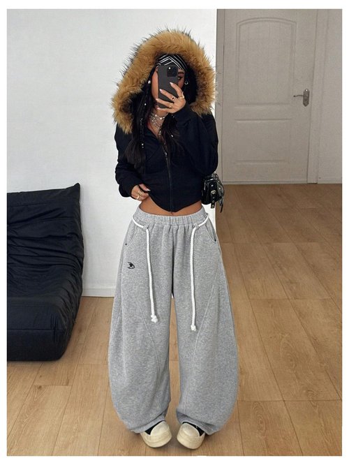 BEAUDRM Women's Baggy Barrel Sweatpants Stacked Elastic Waist Wide Leg Sweat Track Pants Lantern Trouser with Pockets Light Grey Large