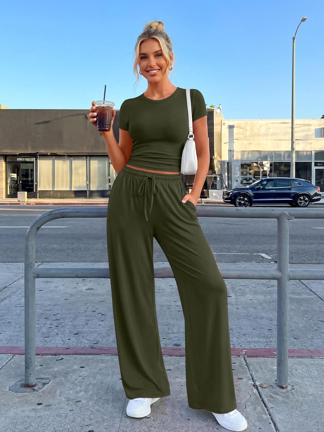 Trendy Queen | 2-Piece Summer Lounge Set for Women - Side Ruching Top & Wide Leg Pants with Pockets