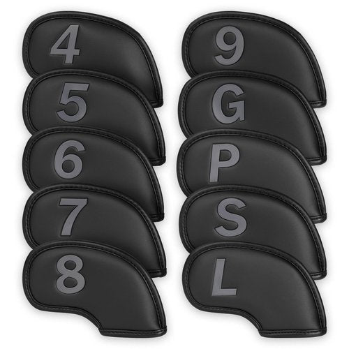 Craftsman Golf Black Leather Iron Headcover Covers Set 10pcs 4 5 6 7 8 9 P S L G with Embossed Gray No. on Both Sides Gift for Men and Women