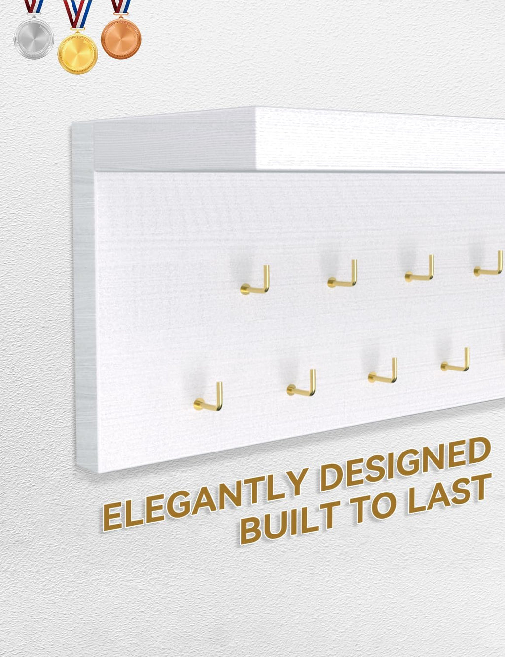 Wooden Medal Hanger Display - Sturdy 19 Hooks Trophy Shelf for Gymnastics, Soccer, Running Awards