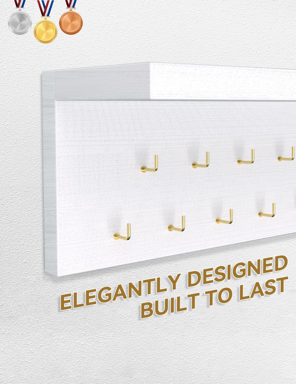 Wooden Medal Hanger Display - Sturdy 19 Hooks Trophy Shelf for Gymnastics, Soccer, Running Awards