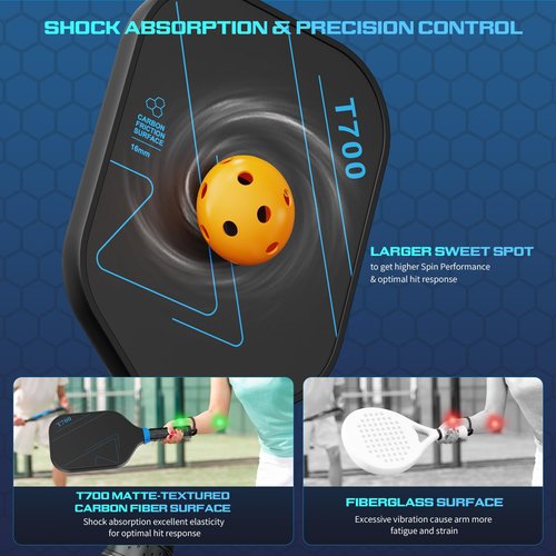 TITECK Pickleball Paddles: Carbon Fiber Pickleball Paddle with T700 Textured 16mm Power Polymer Core Lightweight Pickleball Racket for Strong Spin Training Indoor/Outdoor (Black)