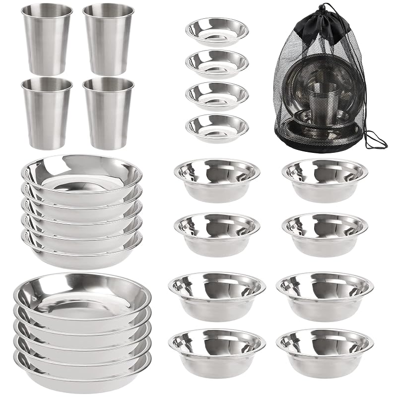 Stainless Steel Camping Dinnerware Set for 4-6 | 26-Piece Mess Kit with Plates, Bowls, Cups & Carry Mesh Bag