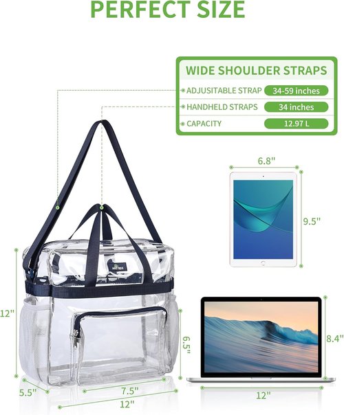 MAY TREE Clear Stadium Bag - 12x6x12 Clear Tote with Reinforced Straps for Work & Events