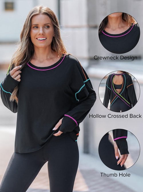 popvil Open Back Workout Tops for Women Long Sleeve Lightweight Athletic Shirt for Gym Yoga Hiking Running Clothing Black