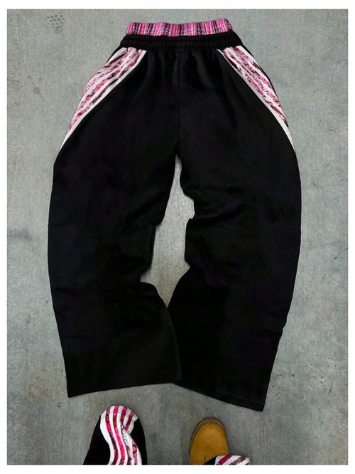SOLY HUX Men's Baggy Sweatpants Y2k Striped Side Drawstring Elastic Waist Wide Leg Pants Streetwear Black Striped Medium