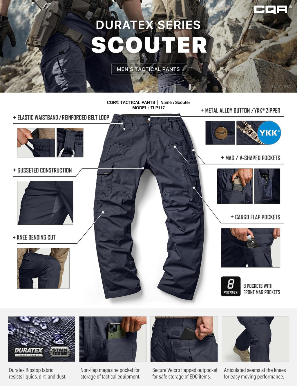 CQR Men's Tactical Pants, Water Resistant Ripstop Cargo Pants, Lightweight EDC Work Hiking Pants, Outdoor Apparel, Raider Police Navy, 32W x 34L