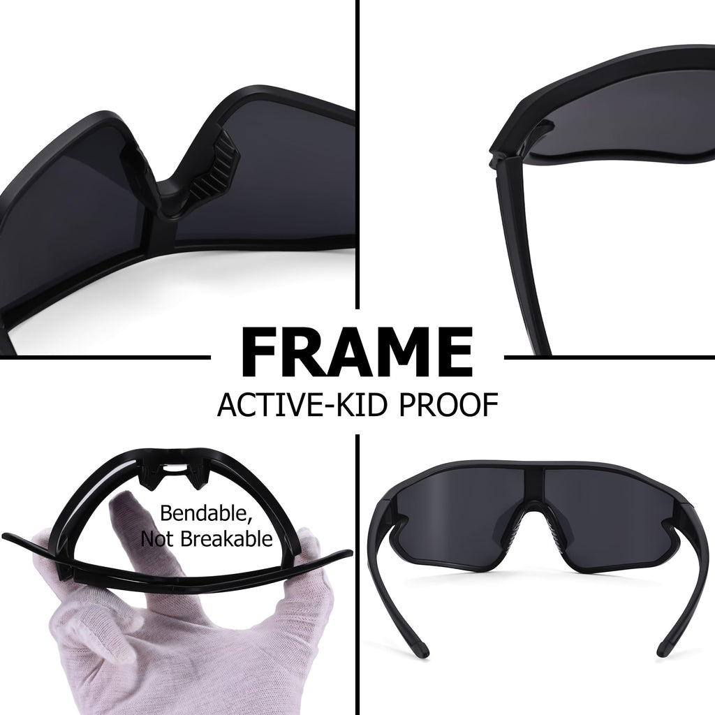 GLARDEFE Kids Baseball Sunglasses - Youth Baseball Sunglasses for Boys Girls - Sports Softball Shades Age 6-14(Black/Grey + Black/Silver Mirror)