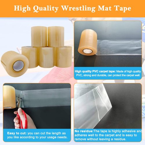 Wrestling Mat Tape Carpet-Tape - 6 Rolls 4 Inches x 84 Foot PVC Gymnastics Floor Tape, Seam Cover Tape for Wrestling Grappling Exercise Mats, 7 Mil Heavy Duty Carpet Tape,