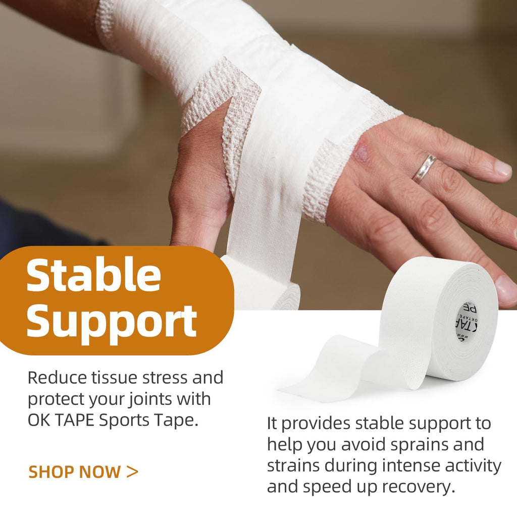 OK TAPE 12 Rolls Athletic Tape, Sports Tape for Injuries, Rigid, Easy Tear Medical Tape, Wrist Tape, No Sticky Residue | Secure Ankle, Finger, Knee- 1.5inch x 15yards (White)