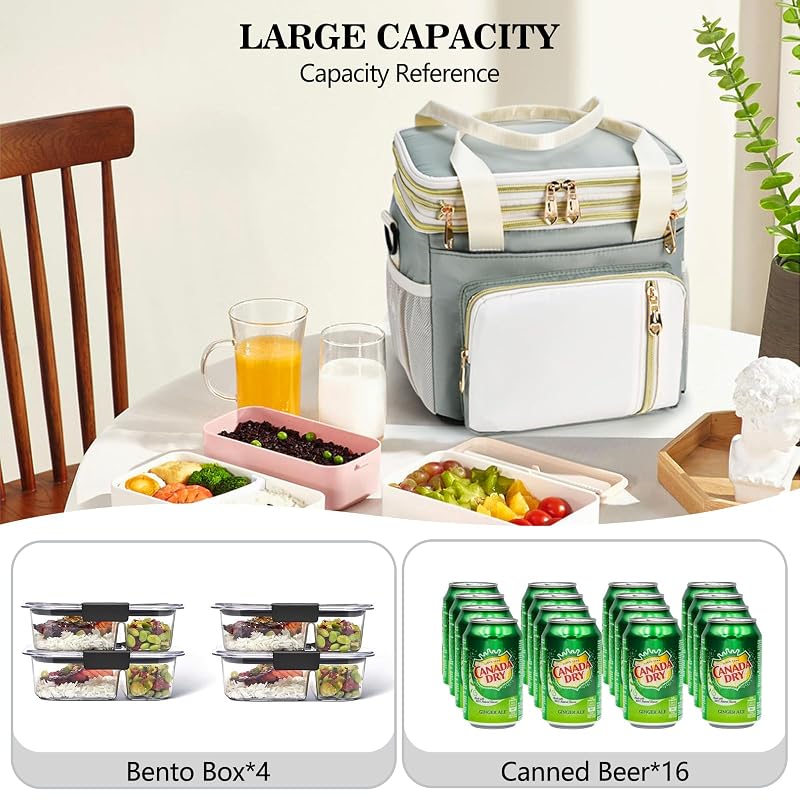 Expandable 16L Insulated Lunch Bag for Women - Double Deck Leakproof Cooler Tote (Olive Green)