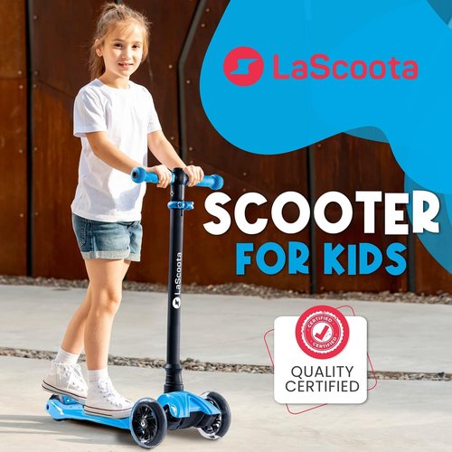 Lascoota 3-Wheel Kids Scooter - Removable Seat, Adjustable Handlebar, Light-Up Wheels & Lean-to-Steer for Toddler Scooter - Blue, Aluminum, Large