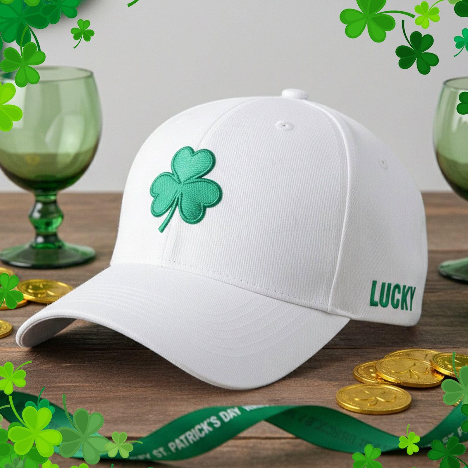 St Patricks Day Shamrock Baseball Cap Embroidered Clover Hat,Adjustable Irish Trucker Hat St. Patrick's Day Caps for Men Womenn,White