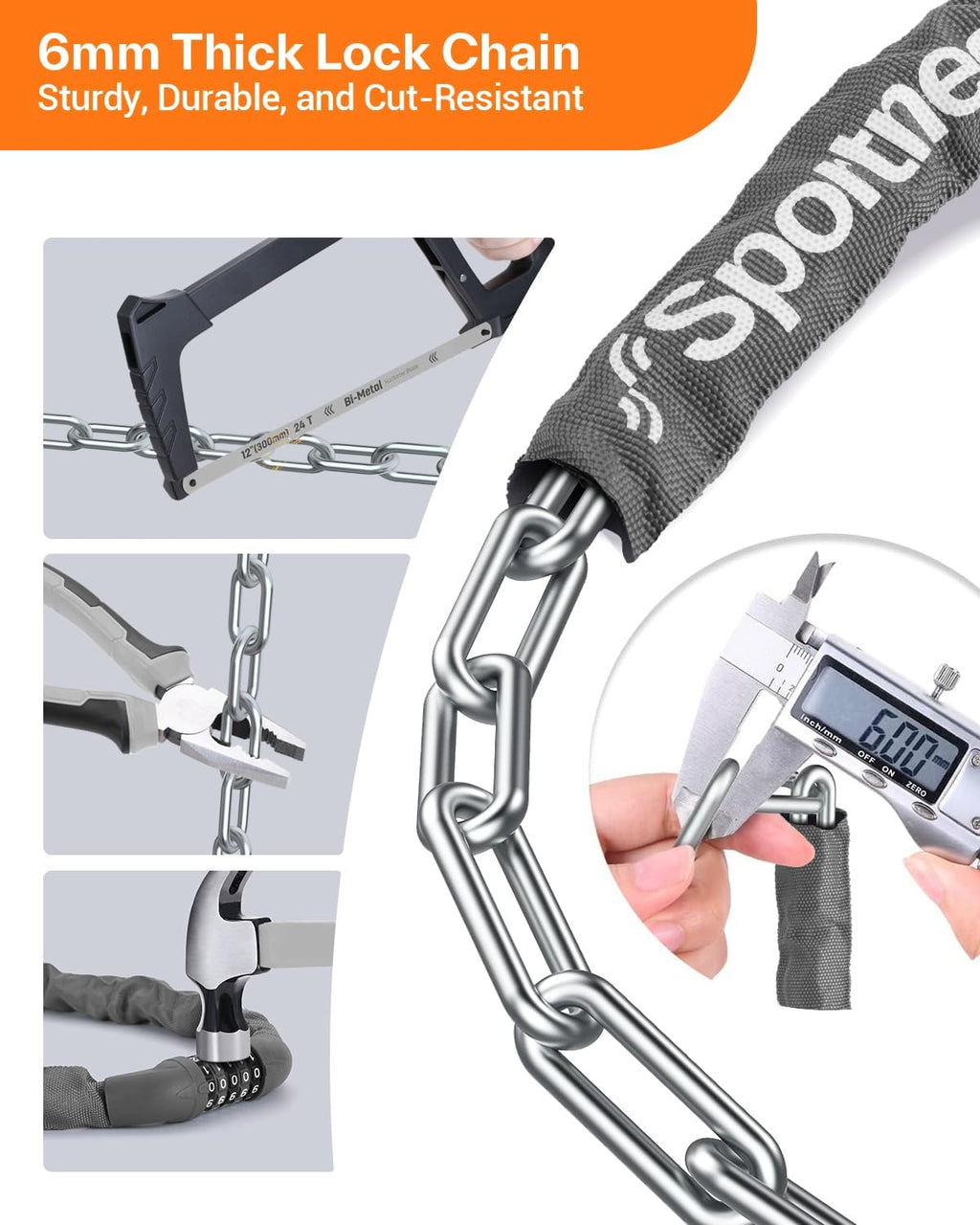 Sportneer Bike Lock - High Security 5-Digit Combination Chain Lock | 3.2/3.6/4ft Heavy Duty, Keyless Design for Bikes, Motorcycles, Scooters, Doors & Gates - 4/6mm Thick