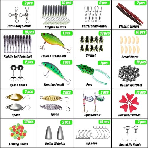 Fishing Lures | 110-Piece Tackle Box Kit with Crankbaits, Spoons, Worms & Accessories for Bass, Walleye, Trout