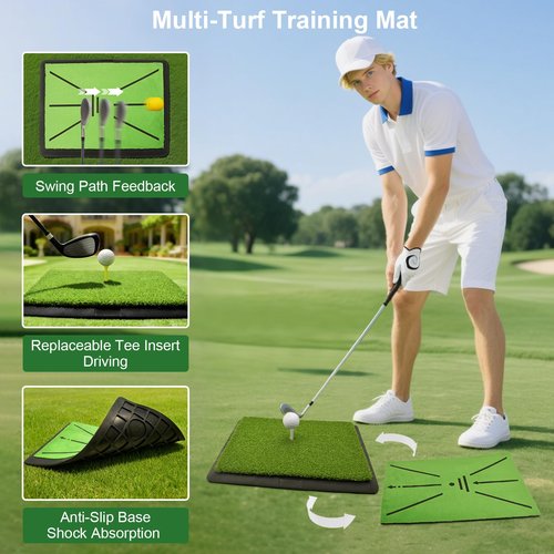 Golf Hitting Mat, with Extra Replaceable Golf Practice Mat for Swing Path Detection Batting Training 16"x12" with Tees, for Driving, Chipping, Indoor/Outdoor