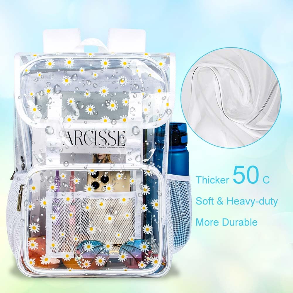 FTJCF 3PCS Clear Backpack, Heavy Duty Transparent Bookbag for Girls Women, Stadium Approved See Through Backpack Set (White Daisy)