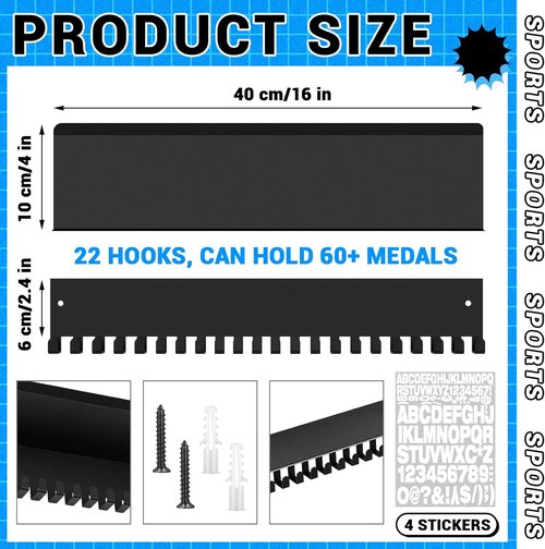 Moxweyeni Medal Hanger Display - Non-Slip Wall Mount Trophy Shelf with 22 Hooks & DIY Alphabet Stickers