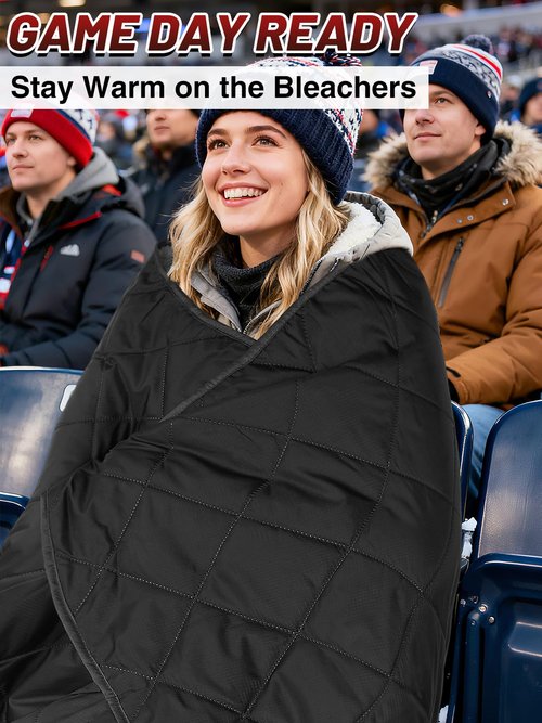 Aulock 55''W x 60''L Warm Outdoor Stadium Blanket Waterproof - Portable & Windproof Black Blanket with Sherpa Fleece Lining for Camping Winter Cold Weather