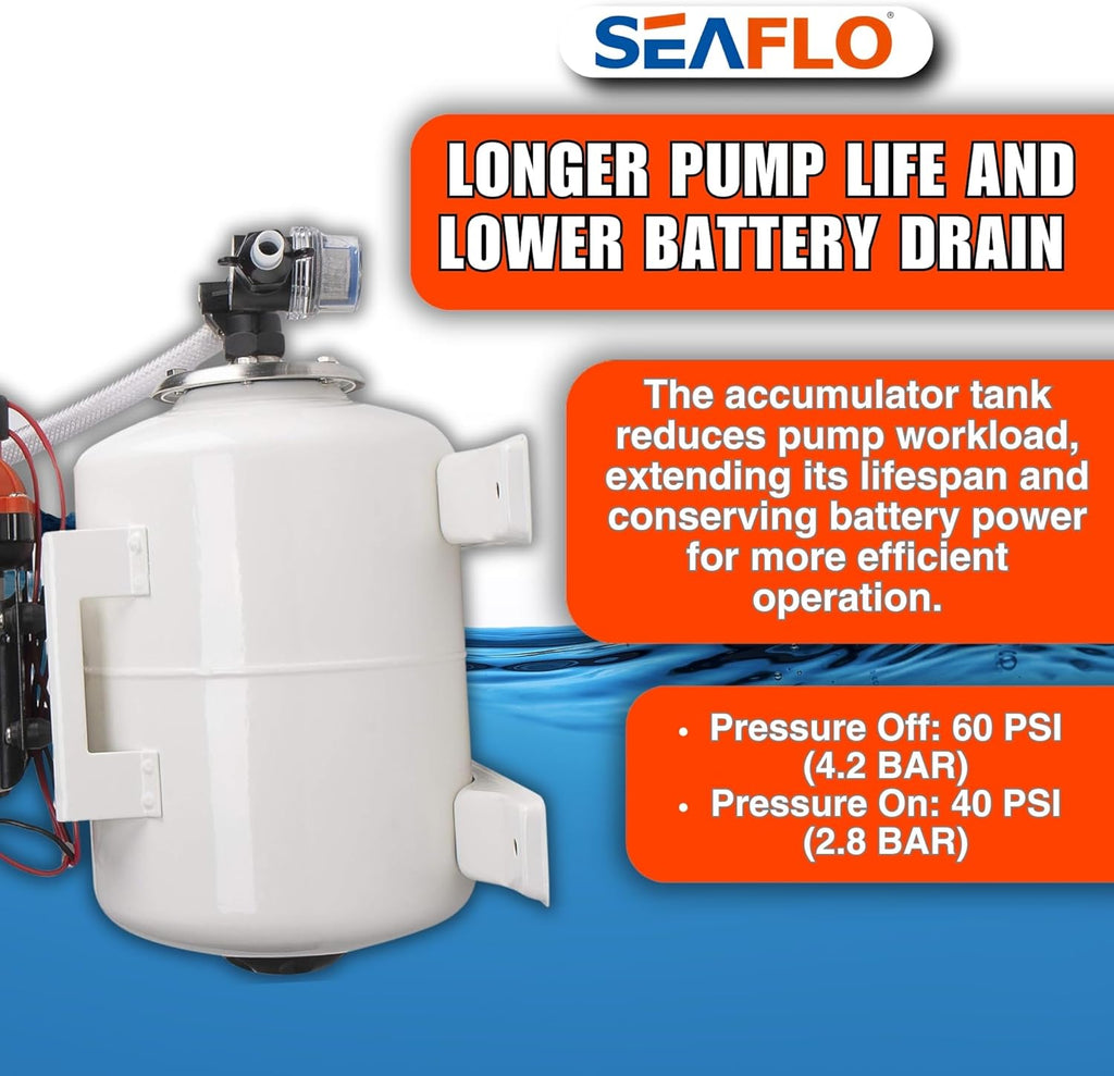 SEAFLO Marine Water Pump - 12V DC 60 PSI 5.5 GPM with 2 Gallon Accumulator Tank | Quiet Operation & 4-Year Warranty