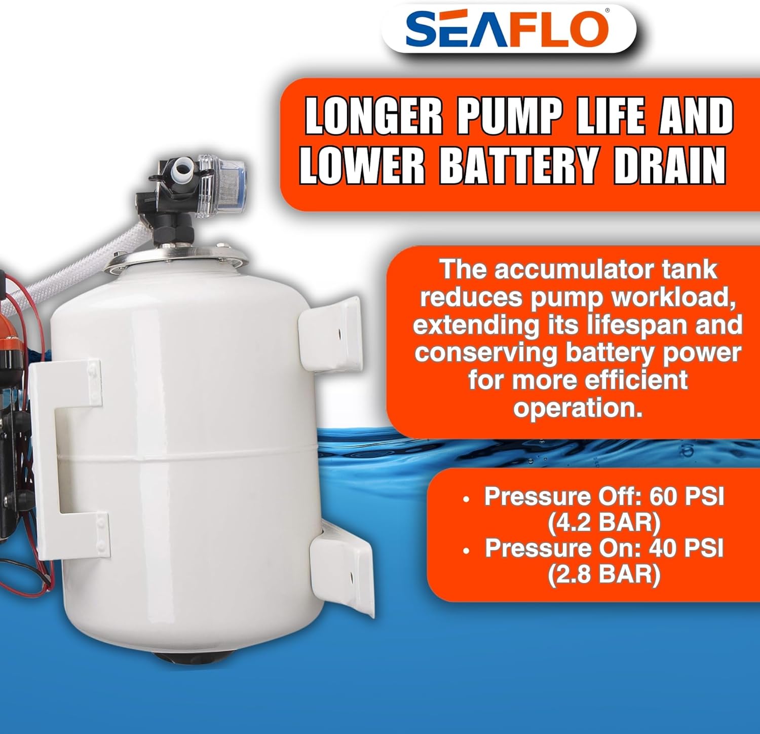 SEAFLO Marine Water Pump - 12V DC 60 PSI 5.5 GPM with 2 Gallon Accumulator Tank | Quiet Operation & 4-Year Warranty