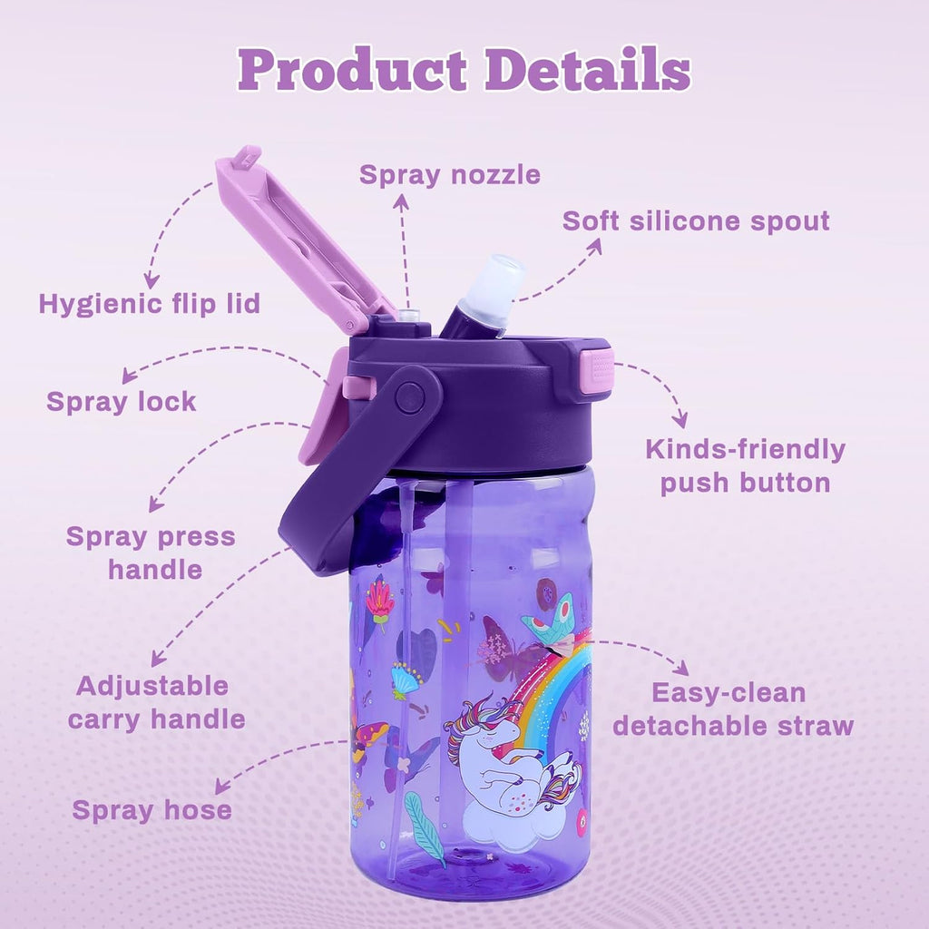 Skiennix 20oz Kids Water Bottle - Leak-Proof Design with Straw, Pop-Up Spout & Detachable Strap - Unicorn