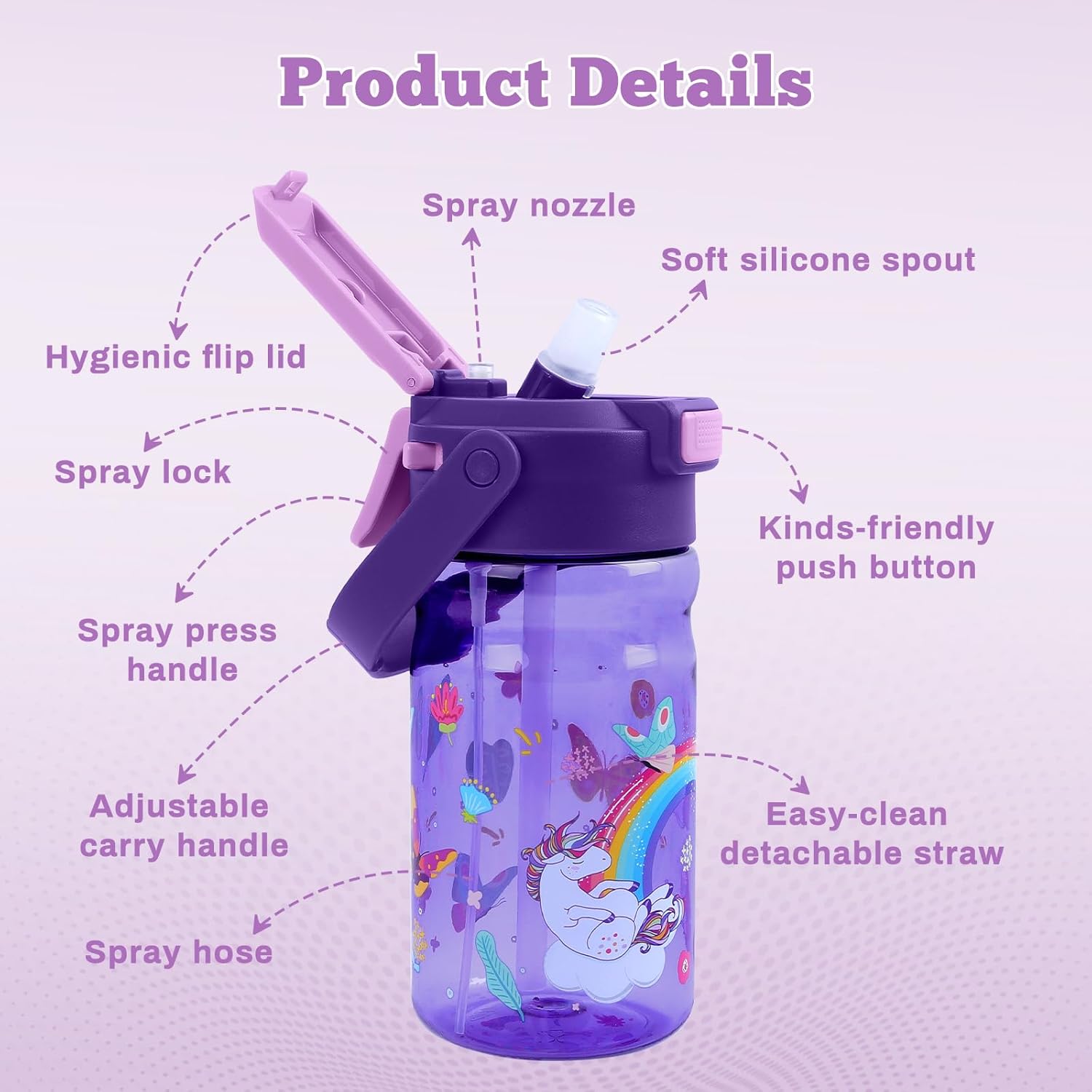 Skiennix 20oz Kids Water Bottle - Leak-Proof Design with Straw, Pop-Up Spout & Detachable Strap - Unicorn