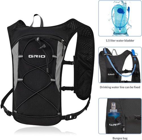 GRIO Hydration Running Vest - Lightweight Water Backpack with 1.5L Bladder | Breathable & Reflective for Hiking, Cycling, Marathon