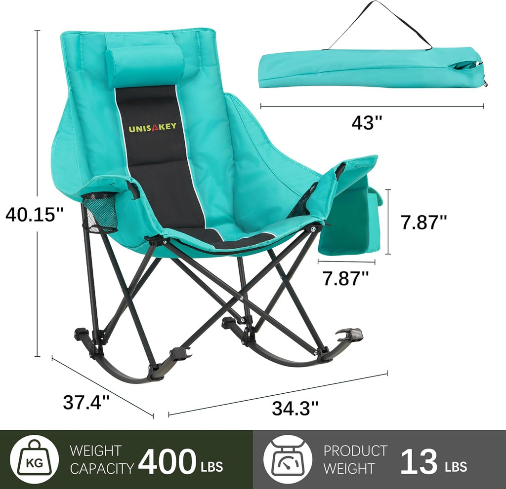 Unisakey Oversized Rocking Camping Chair - 400lbs Capacity, Headrest & Cup Holder, Portable Black/Green
