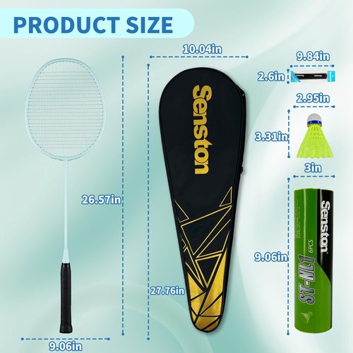 Senston Professional Badminton Rackets Set for Backyard - 4 Carbon Fiber Badminton Racket, 6 Birdies, 4 Grips & Carrying Bag for Adult Family Beginner Outdoor Game | 90g Lightweight