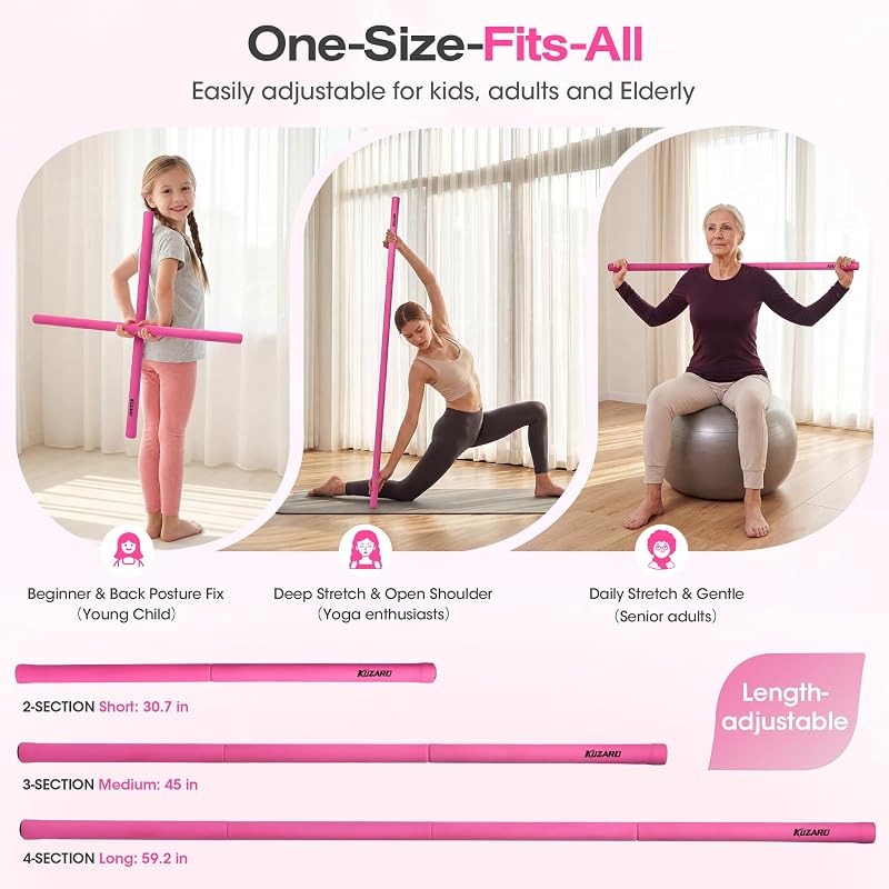 Yoga Stick Mobility Bar - Adjustable 4-Section Posture Stretch (Pink) KUZARO