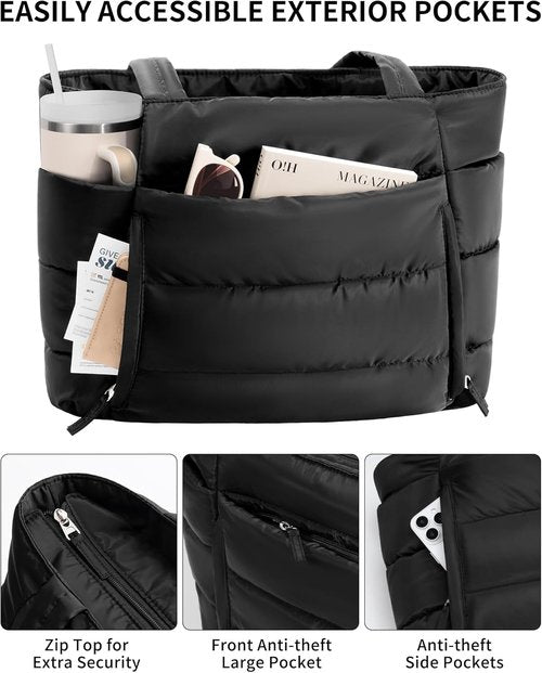 Bagstellar Puffer Tote Bag - Lightweight Quilted Handbag for Work & Travel | 15.6" Laptop & Tumbler Holder