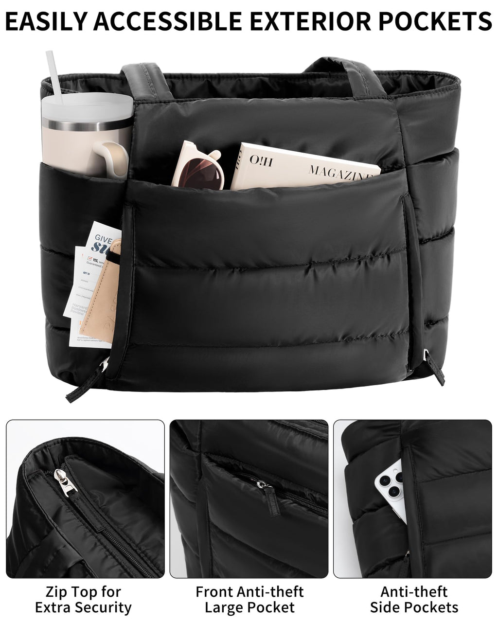 Bagstellar Puffer Tote Bag for Women, Lightweight Puffy Work Handbag Teacher Nurse Quilted Shoulder Bag for School Travel Gym