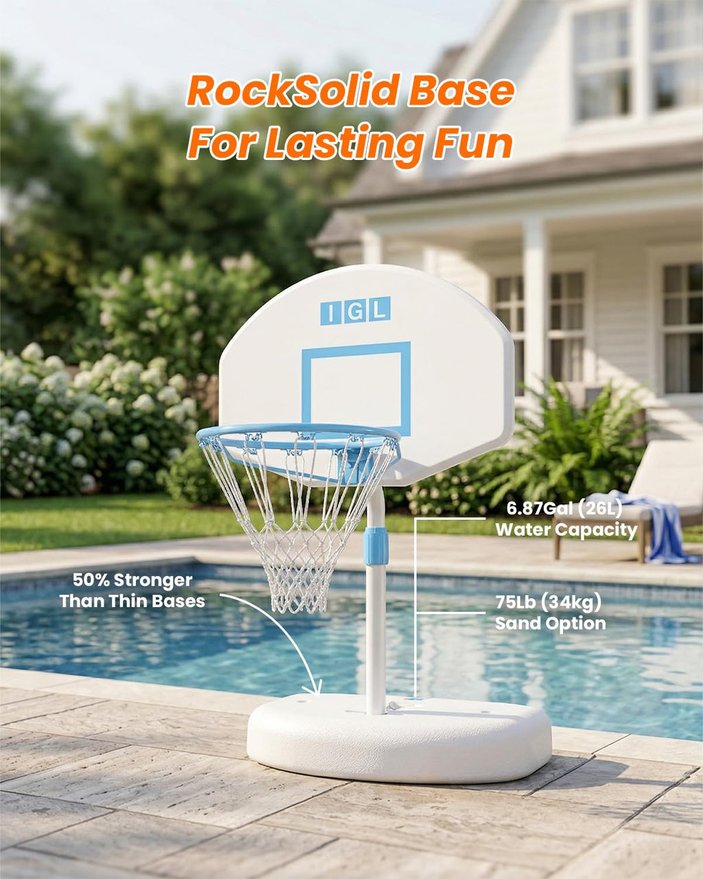 IGL Pool Basketball Hoop, 28in Backboard, Adjustable Height 28-36in, White