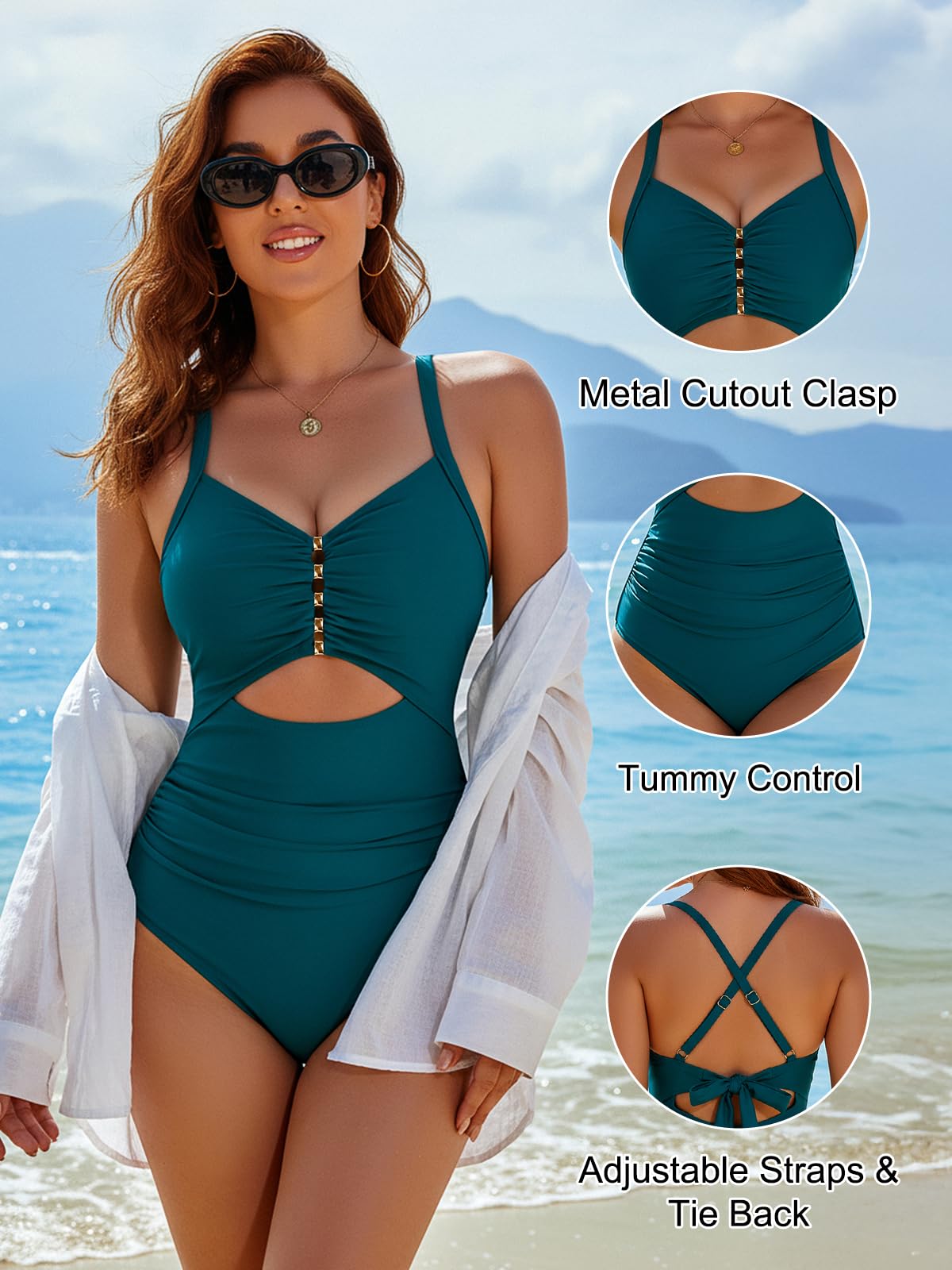 Blooming Jelly Womens Tummy Control One Piece Swimsuits Full Coverage Long Torso Bathing Suit Modest Curvy Swimwear (L, Blue Green)