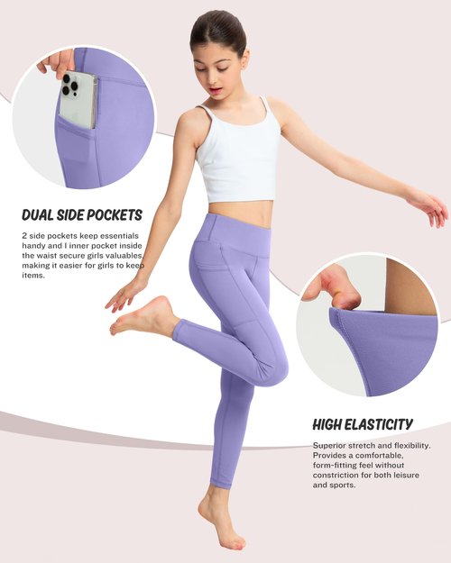 ATHVOTAR Girls Leggings with Pockets: High Waisted Yoga Workout Athletic Dance Running Pants 4 Packs Black/Violet/Pure Blue/Pink L